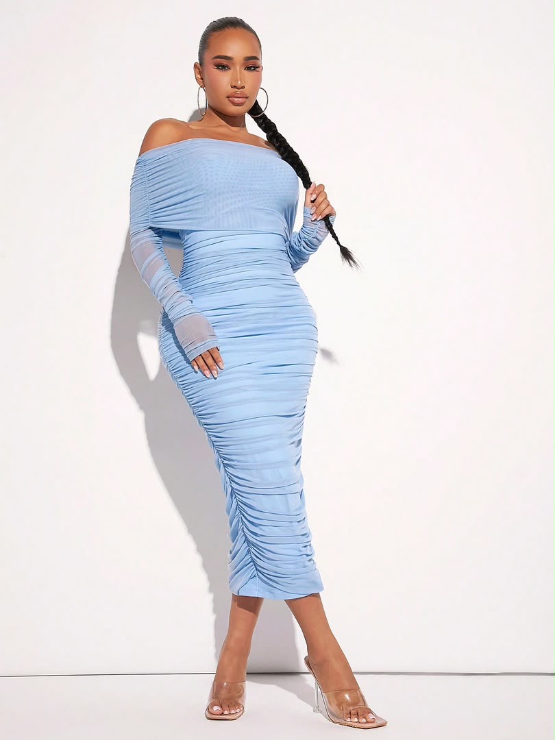 SHEIN SXY فستان ضيق مكشوف الكتف تجاعيد شبكة